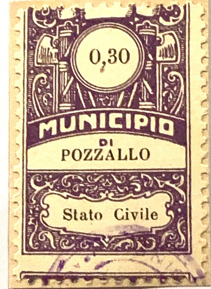 Marca da Bollo del Comune di POZZALLO su Carta Bianca di dimensioni 21 x 27,5 mm