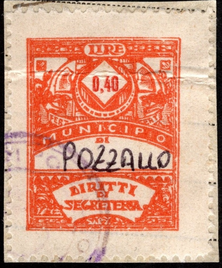 Marca da Bollo del Comune di POZZALLO su Carta Bianca di dimensioni 21 x 27,5 mm