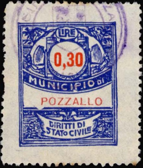 Marca da Bollo del Comune di POZZALLO su Carta Bianca di dimensioni 22 x 28 mm