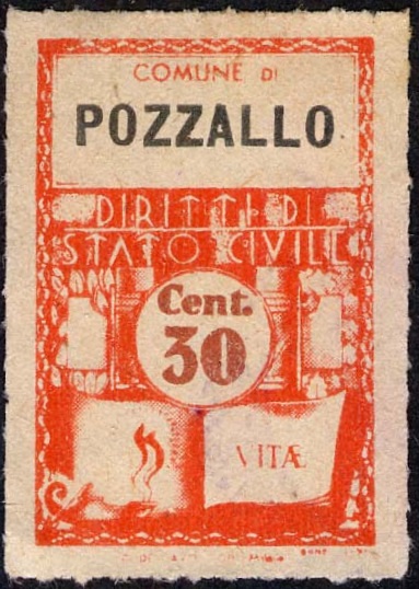 Marca da Bollo del Comune di POZZALLO su Carta Bianca Sottile di dimensioni 21 x 32,5 mm