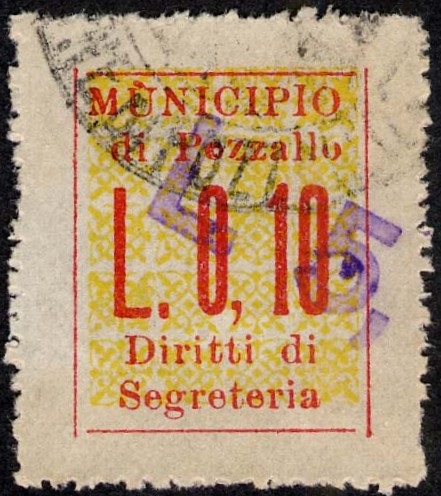 Marca da Bollo del Comune di POZZALLO su Carta Bianca Sottile di dimensioni 19,5 x 24 mm