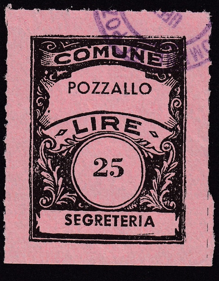 Marca da Bollo del Comune di POZZALLO su Carta Bianca Sottile di dimensioni 22,5 x 29 mm