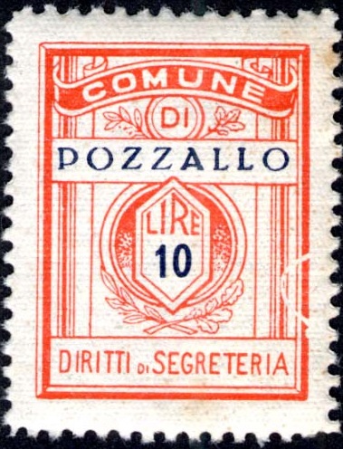 Marca da Bollo del Comune di POZZALLO su Carta Bianca di dimensioni 21 x 27,5 mm