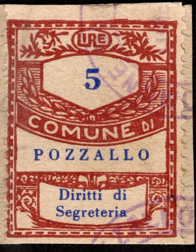 Marca da Bollo del Comune di POZZALLO su Carta Bianca di dimensioni 22 x 28 mm
