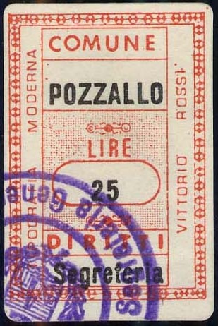 Marca da Bollo del Comune di POZZALLO su Carta Bianca di dimensioni 19,5 x 29 mm