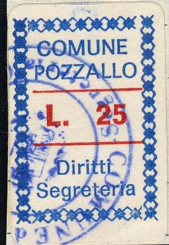 Marca da Bollo del Comune di POZZALLO su Carta Bianca di dimensioni 19,5 x 28,5 mm