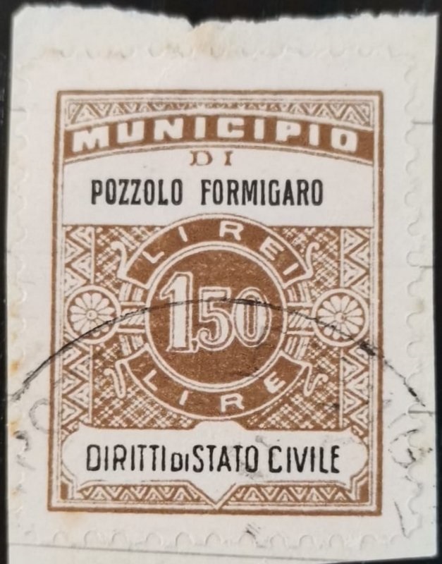 Marca da Bollo del Comune di POZZOLO FORMIGARO su Carta Bianca Sottile di dimensioni 22 x 29 mm
