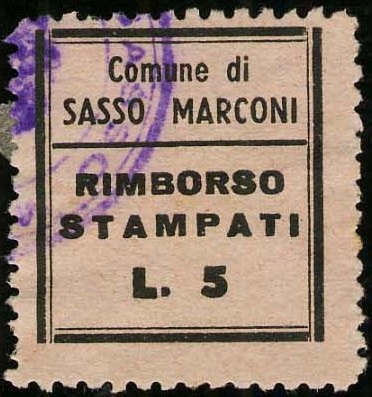 Marca da Bollo del Comune di SASSO MARCONI su Carta Colorata di dimensioni 20 x 22 mm
