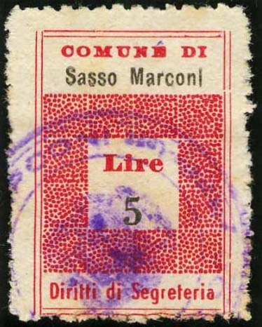 Marca da Bollo del Comune di SASSO MARCONI su Carta Bianca di dimensioni 19,5 x 28,5 mm