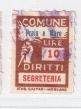Marca da Bollo del Comune di PRAIA A MARE su Carta Bianca Sottile di dimensioni 19 x 26 mm