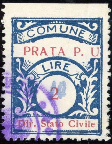 Marca da Bollo del Comune di PRATA DI PRINCIPATO ULTRA su Carta Bianca di dimensioni 22,5 x 28,5 mm