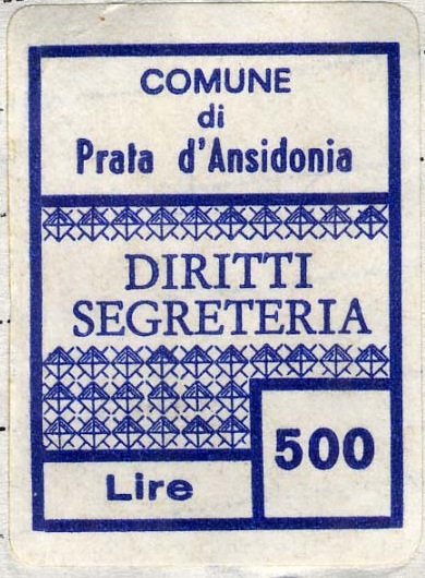 Marca da Bollo del Comune di PRATA D´ANSIDONIA su Carta Bianca di dimensioni 28,5 x 31 mm