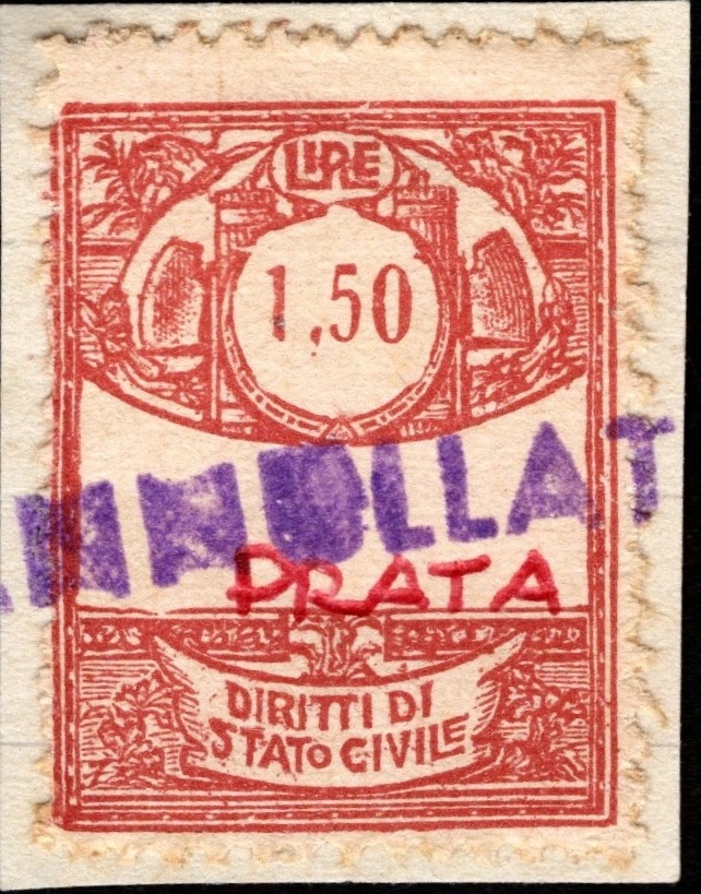 Marca da Bollo del Comune di PRATA CAMPORTACCIO su Carta Bianca di dimensioni 22,5 X 36 mm