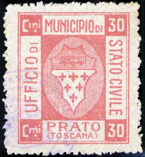 Marca da Bollo del Comune di PRATO su Carta Bianca Sottile di dimensioni 26,5 x 31 mm