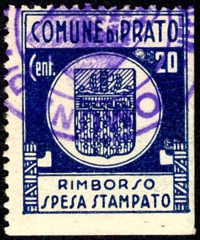 Marca da Bollo del Comune di PRATO su Carta Bianca di dimensioni 22,5 x 27,5 mm