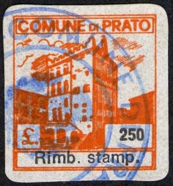 Marca da Bollo del Comune di PRATO su Carta Bianca di dimensioni 19 x 20,5 mm
