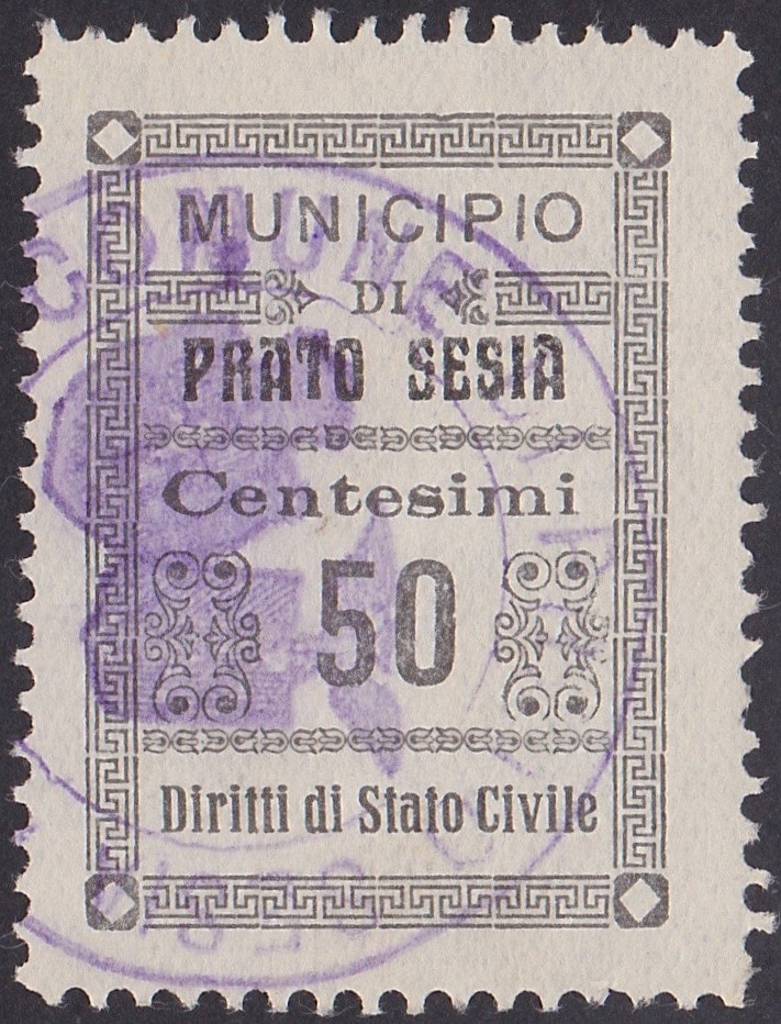 Marca da Bollo del Comune di PRATO SESIA su Carta Bianca Sottile di dimensioni 23 X 30 mm