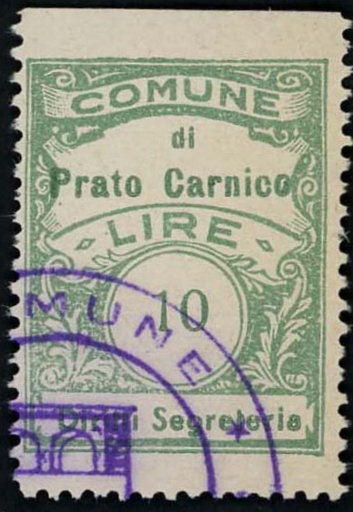 Marca da Bollo del Comune di PRATO CARNICO su Carta Bianca Sottile di dimensioni 22 x 29 mm