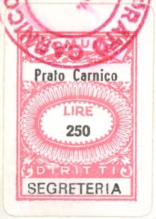 Marca da Bollo del Comune di PRATO CARNICO su Carta Bianca di dimensioni 17 x 28 mm