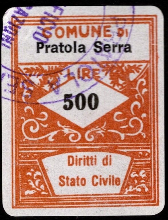 Marca da Bollo del Comune di PRATOLA SERRA su Carta Bianca di dimensioni 20 x 26 mm