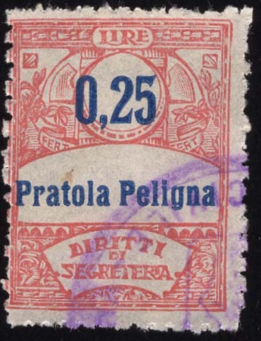 Marca da Bollo del Comune di PRATOLA PELIGNA su Carta Bianca Sottile di dimensioni 23 X 30 mm