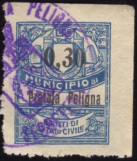 Marca da Bollo del Comune di PRATOLA PELIGNA su Carta Bianca Sottile di dimensioni 23 X 30 mm