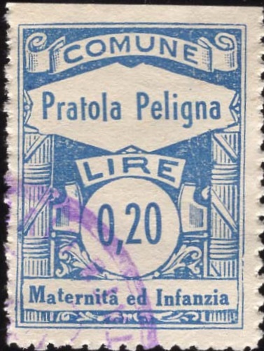 Marca da Bollo del Comune di PRATOLA PELIGNA su Carta Bianca Sottile di dimensioni 23 x 29 mm