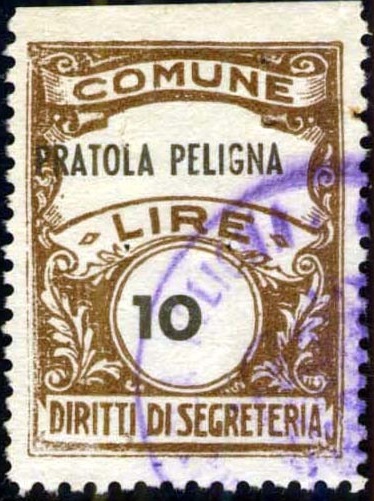 Marca da Bollo del Comune di PRATOLA PELIGNA su Carta Bianca di dimensioni 22,5 x 29 mm