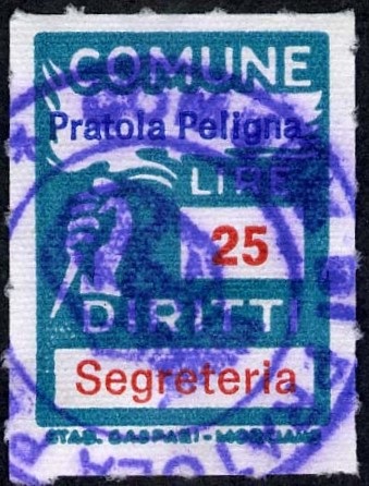 Marca da Bollo del Comune di PRATOLA PELIGNA su Carta Bianca Sottile di dimensioni 18,5 x 26 mm