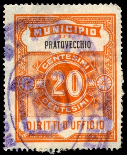 Marca da Bollo del Comune di PRATOVECCHIO su Carta Bianca Sottile di dimensioni 22,5 x 29 mm