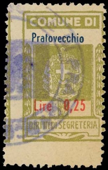 Marca da Bollo del Comune di PRATOVECCHIO su Carta Bianca di dimensioni 18 x 30,5 mm