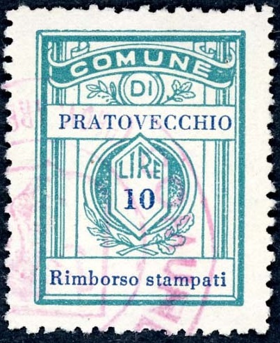 Marca da Bollo del Comune di PRATOVECCHIO su Carta Bianca di dimensioni 21,5 x 28,5 mm