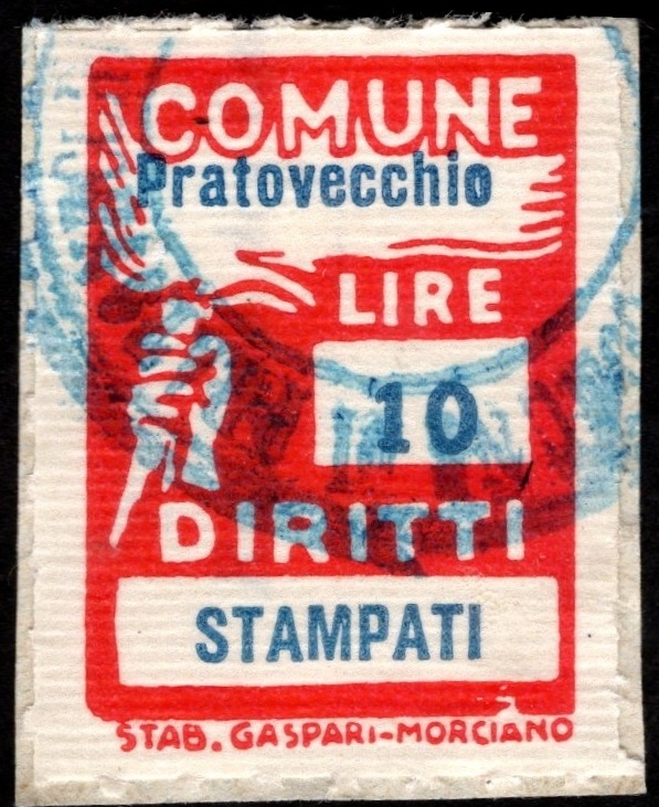 Marca da Bollo del Comune di PRATOVECCHIO su Carta Bianca di dimensioni 18 x 25 mm