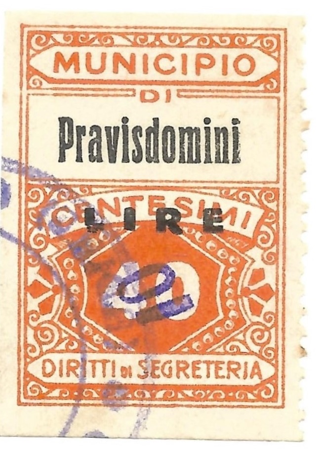 Marca da Bollo del Comune di PRAVISDOMINI su Carta Bianca di dimensioni 21 X 32 mm