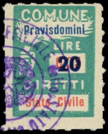 Marca da Bollo del Comune di PRAVISDOMINI su Carta Bianca di dimensioni 18,5 x 26 mm