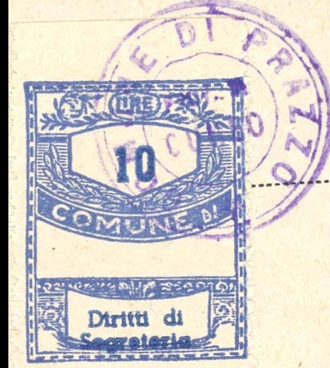 Marca da Bollo del Comune di PRAZZO su Carta Bianca di dimensioni 22 x 28 mm