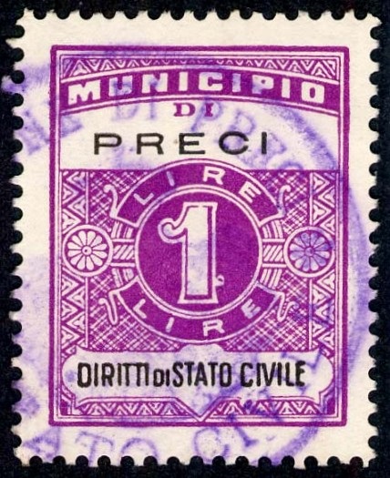 Marca da Bollo del Comune di PRECI su Carta Bianca Sottile di dimensioni 22,5 x 29 mm