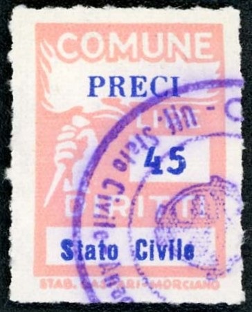 Marca da Bollo del Comune di PRECI su Carta Bianca di dimensioni 18,5 x 26 mm