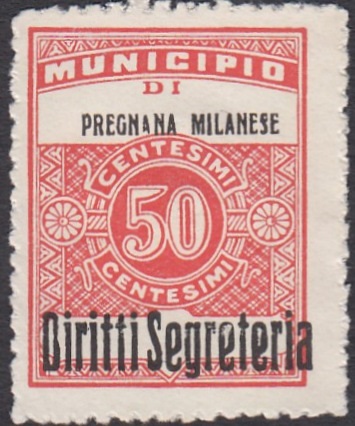 Marca da Bollo del Comune di PREGNANA MILANESE su Carta Bianca di dimensioni 23 x 31 mm