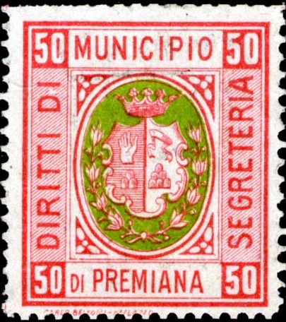 Marca da Bollo del Comune di PREMANA su Carta Bianca di dimensioni 24 x 28 mm