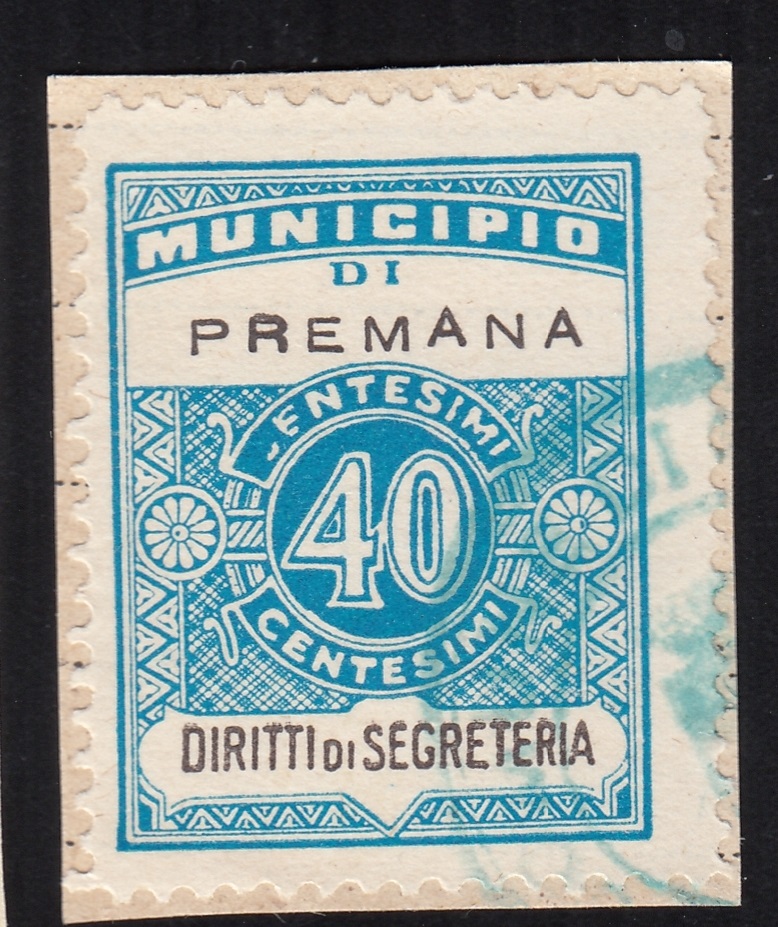Marca da Bollo del Comune di PREMANA su Carta Bianca di dimensioni 22,5 x 29 mm