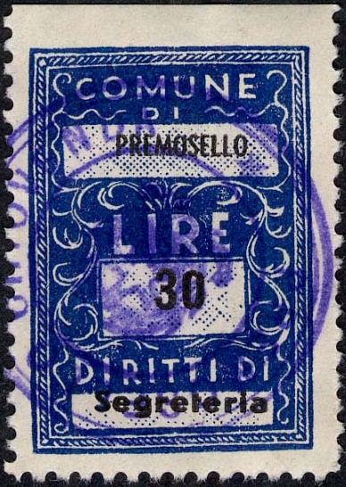 Marca da Bollo del Comune di PREMOSELLO CHIOVENDA su Carta Bianca di dimensioni 24 x 33 mm