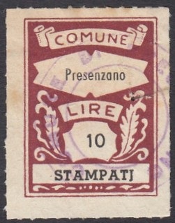Marca da Bollo del Comune di PRESENZANO su Carta Bianca di dimensioni 23 x 31 mm