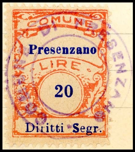 Marca da Bollo del Comune di PRESENZANO su Carta Bianca Sottile di dimensioni 22,5 x 29 mm