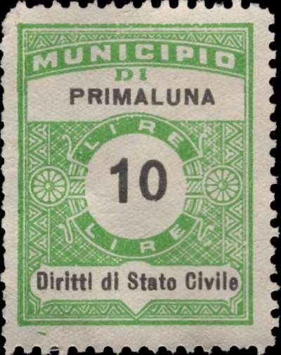 Marca da Bollo del Comune di PRIMALUNA su Carta Bianca di dimensioni 22,5 x 29 mm