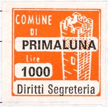 Marca da Bollo del Comune di PRIMALUNA su Carta Bianca di dimensioni 20 x 20 mm