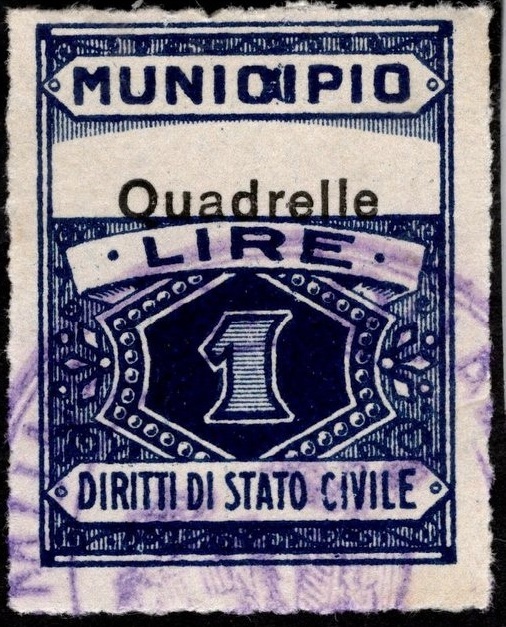 Marca da Bollo del Comune di QUADRELLE su Carta Bianca di dimensioni 22,5 x 29 mm