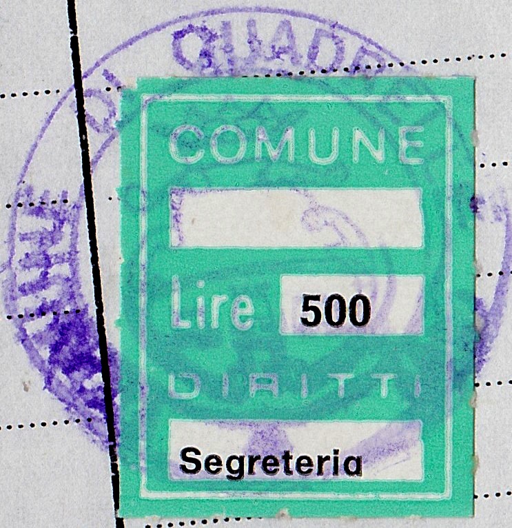 Marca da Bollo del Comune di QUADRELLE su Carta Bianca di dimensioni 21 x 26,5 mm