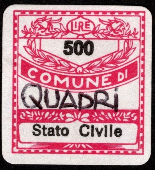 Marca da Bollo del Comune di QUADRI su Carta Bianca di dimensioni 19,5 x 21 mm