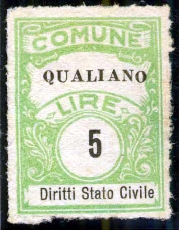 Marca da Bollo del Comune di QUALIANO su Carta Bianca di dimensioni 22,5 x 29 mm
